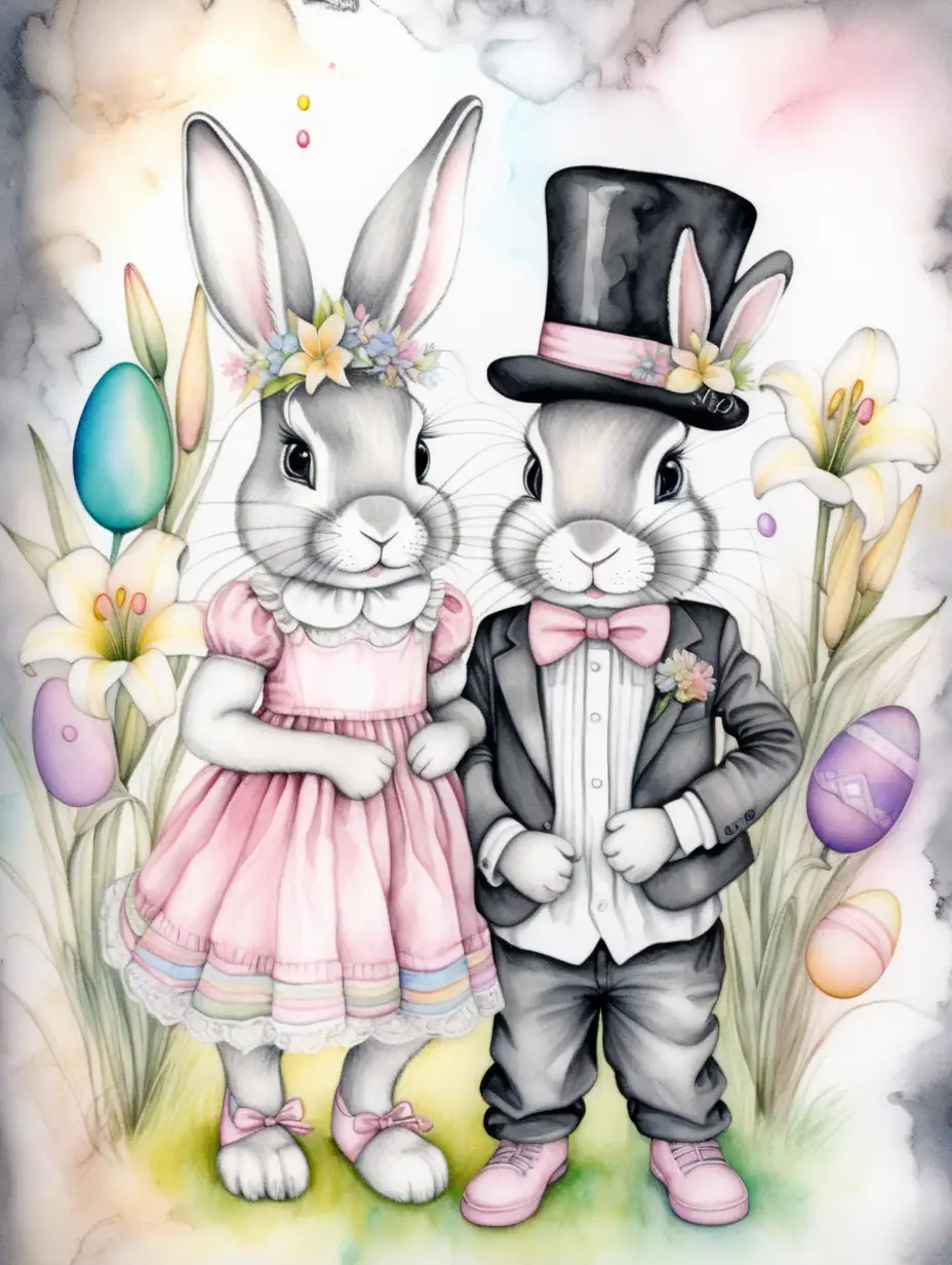 Two whimsical bunnies boy and girl in Easter outfits with pencil sketch, charcoal, watercolor and alcohol ink. The boy is wearing a top hat and the girl is wearing a bonnet. The background is filled with Easter lilies and Easter eggs in pastel colors