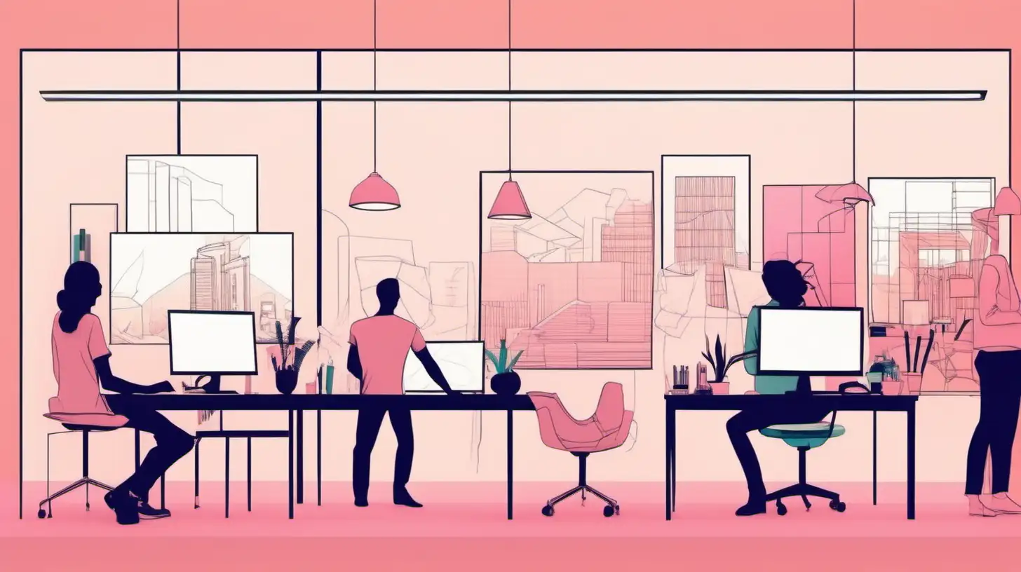 Create a minimalistic Open Studio with silhouettes of tech designers working on projects, collaborating, and designing. The color palette should be minimalistic with more pastel variety than vibrant colors. 
