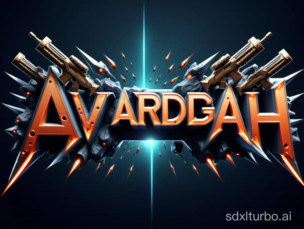 create text logo from "AVARDGAH" with sharp edges and bullets and other assets decoration, front view, clean, lights, simple, 3d, frame, battle, modern, scifi