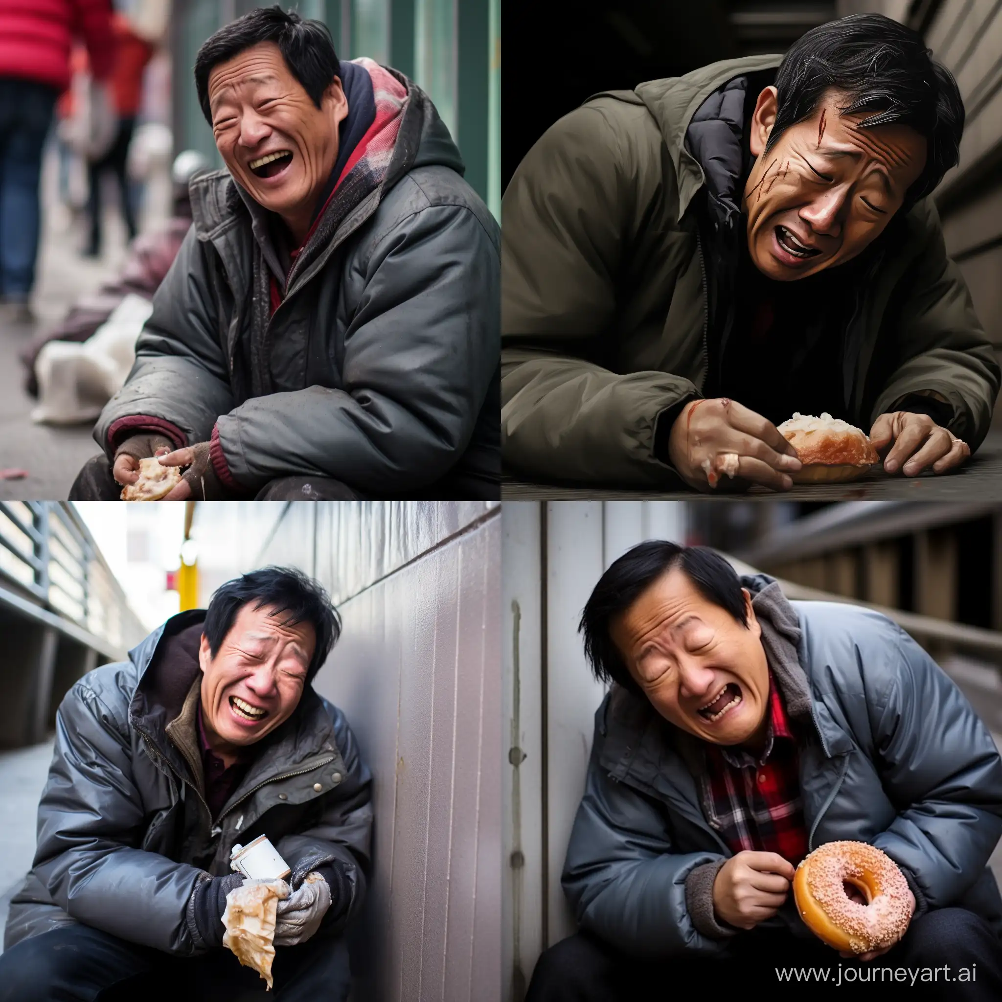一个亚裔男人，60岁，穿着破旧的羽绒服，躺在美国帝国大厦下的长椅上，哭着吃甜甜圈