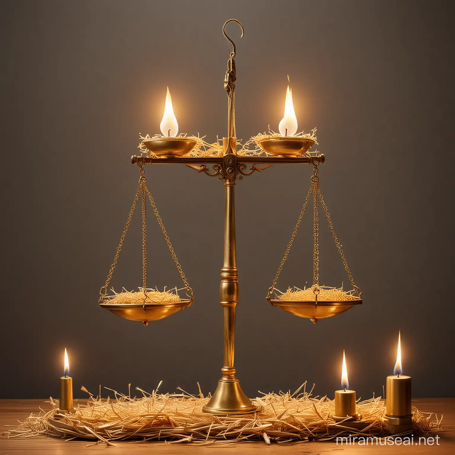 A golden balancing scale with burning jewels being weighed on the left side of the fulcrum and burning bundles of straw being weighed on the right side of the fulcrum.  Have a shining lightbulb hovering over the golden balancing scale.