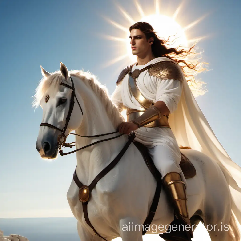 A Greek god with long brown hair on a white horse, sun is shining behind him