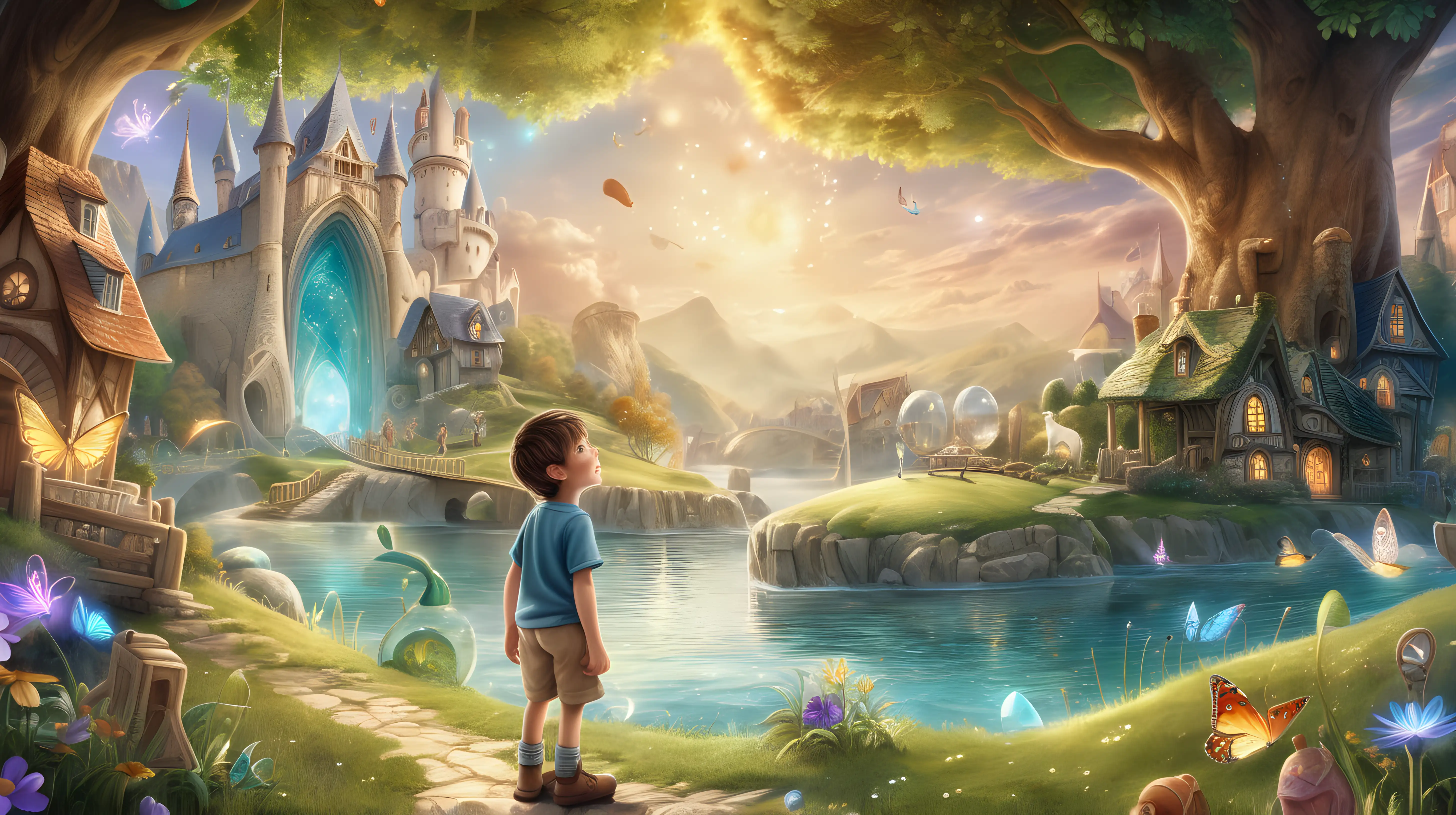 A beautiful scene of a charming boy discovering a magical world filled with wonder.