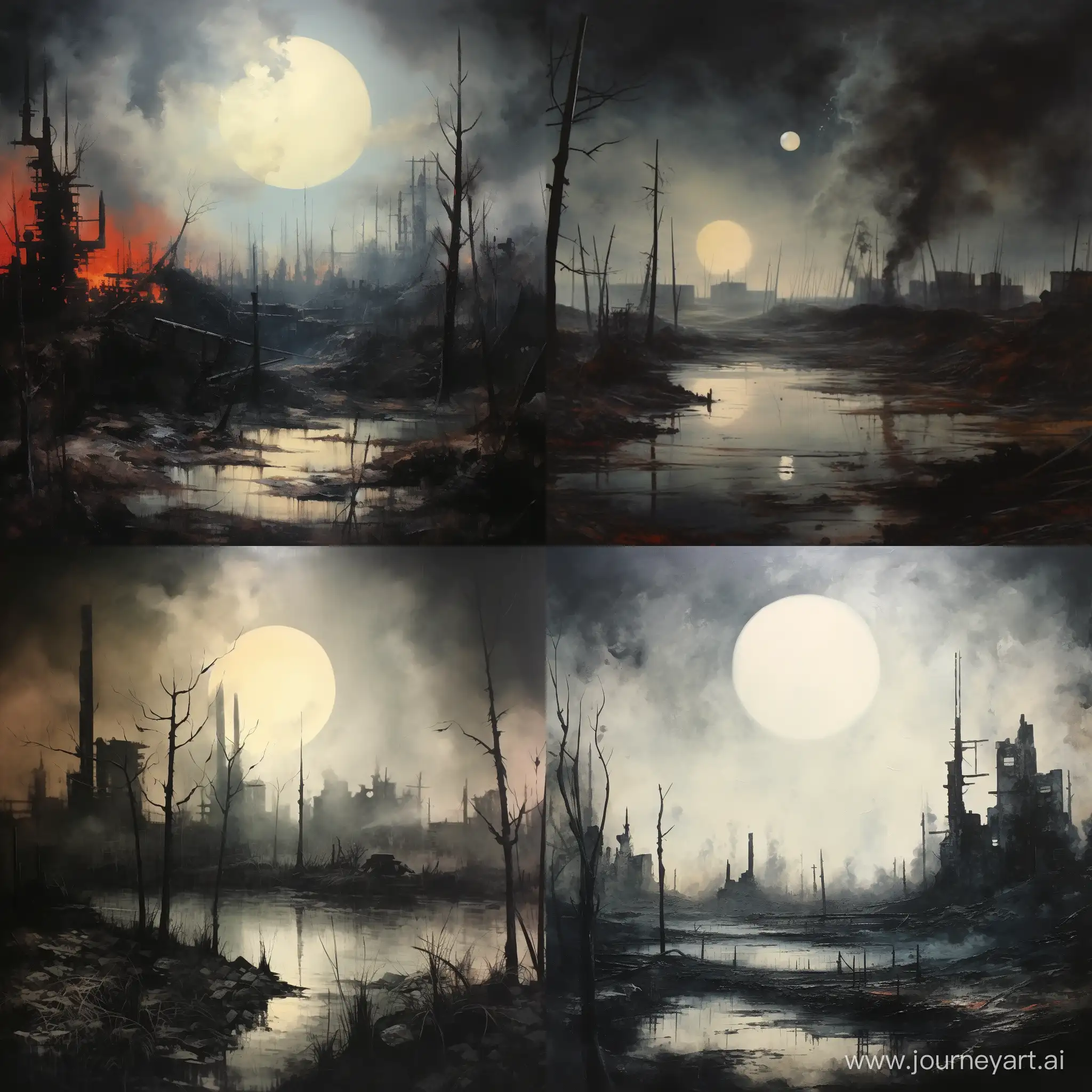 индустриальный разрушенный пейзаж, заброшенные заводы, туман и дым, две луны в небе, реализм
