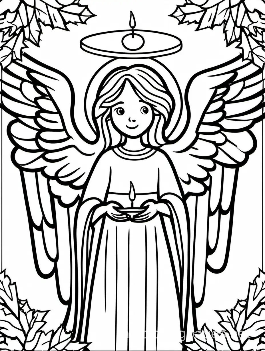thin black lines, white background, a beautiful Christmas angel lighting candles for Christmas.
, Coloring Page, black and white, line art, white background, Simplicity, Ample White Space. The background of the coloring page is plain white to make it easy for young children to color within the lines. The outlines of all the subjects are easy to distinguish, making it simple for kids to color without too much difficulty