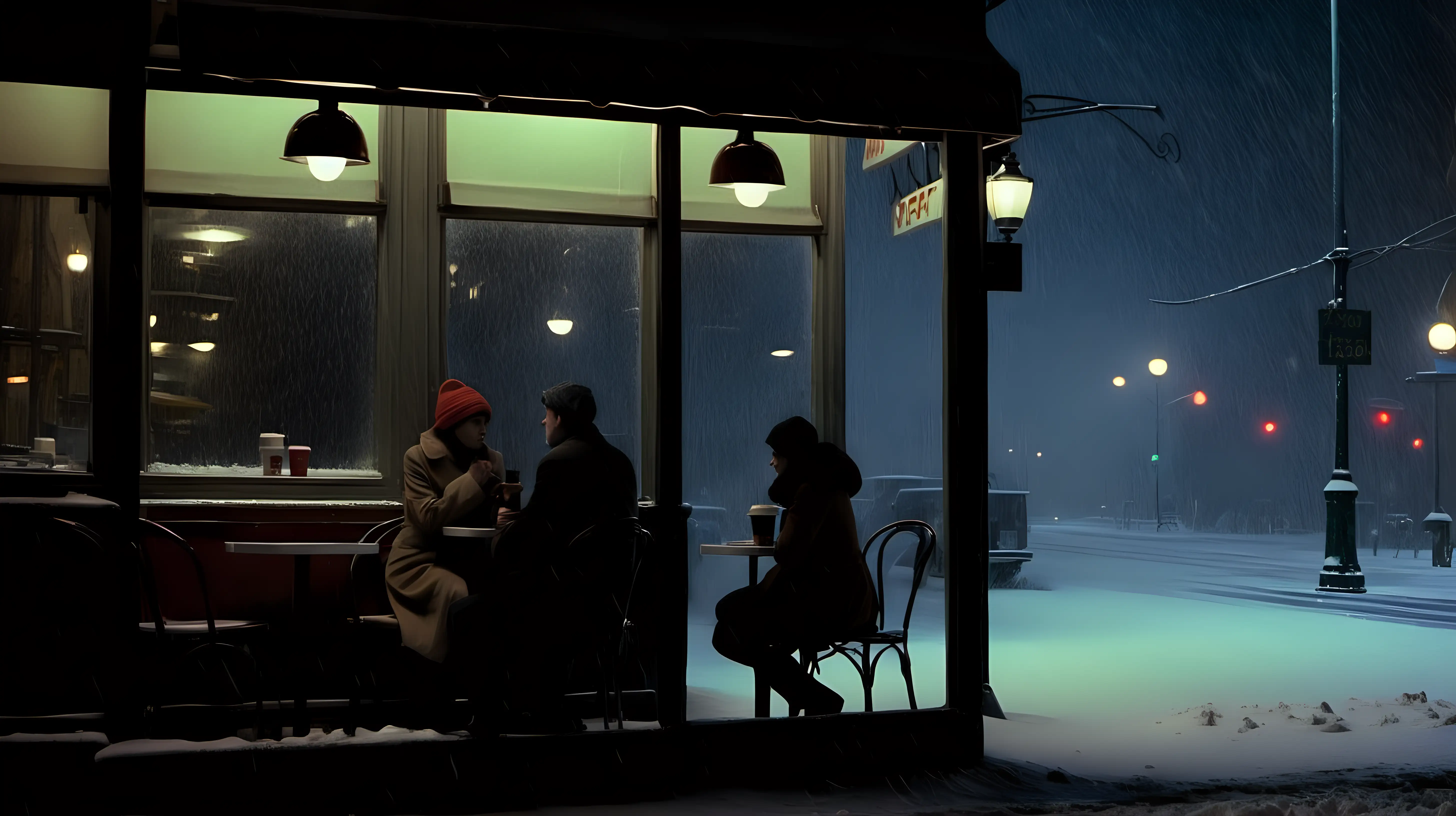 wide shot of a man and a woman sitting alone in a cafe at night during a snowstorm in NYC Edward Hopper style