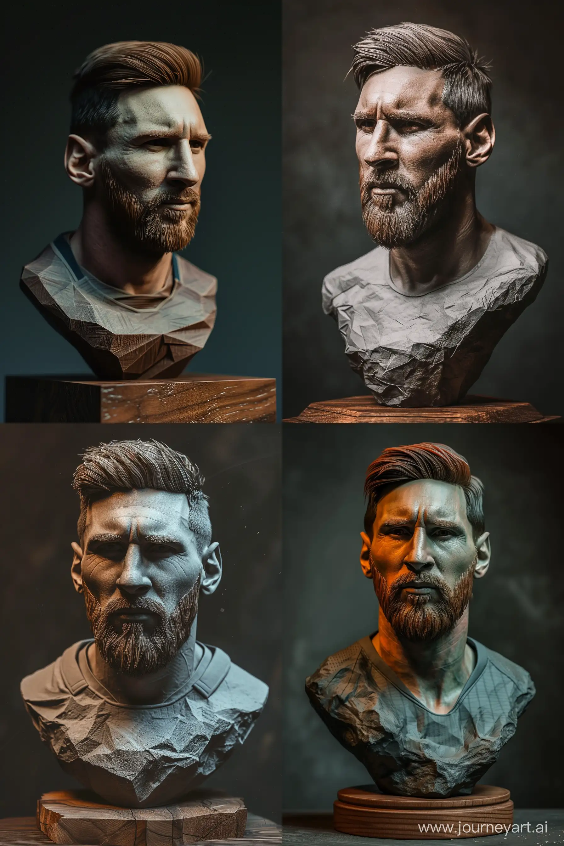 A Luxury Sculpture of Lionel Messi with Wooden ooden Base, Bust Style, Dark Background, Cinematic Pose, Affinity Designer Software, High Precision --v 6.0 --q 1 --ar 2:3