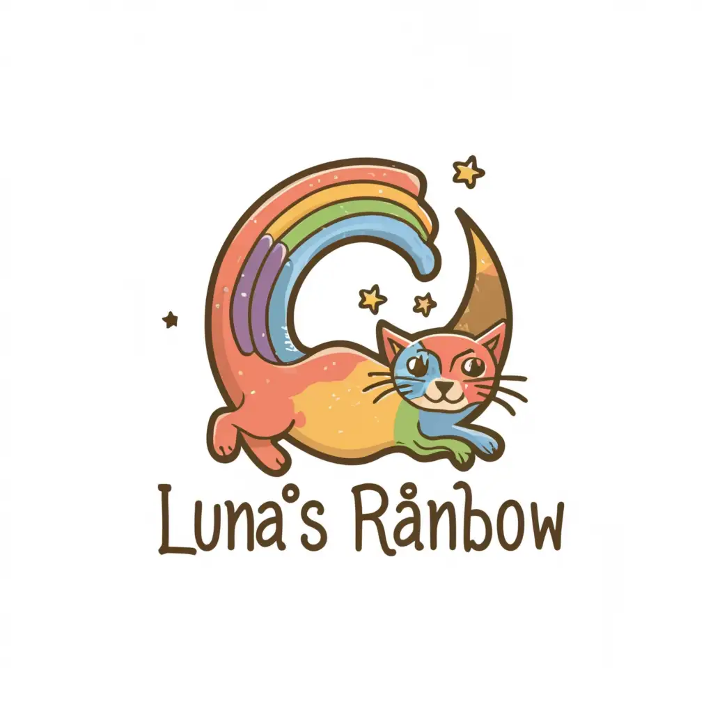 a logo design,with the text "Luna’s Rainbow", main symbol:Rainbow cat crescent moon,Moderate,clear background