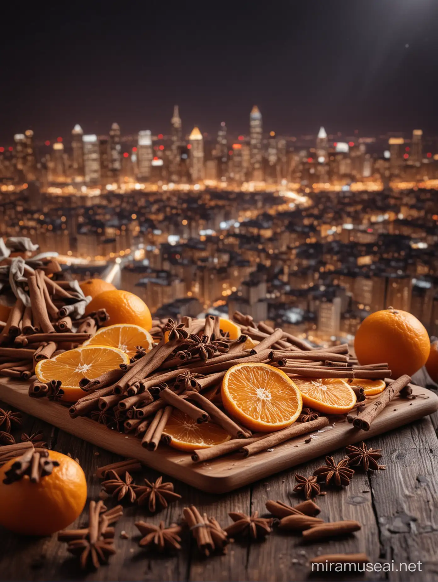 Cozy Evening Ambiance Dried Oranges and Cinnamon Sticks on Table with Blurred City Lights