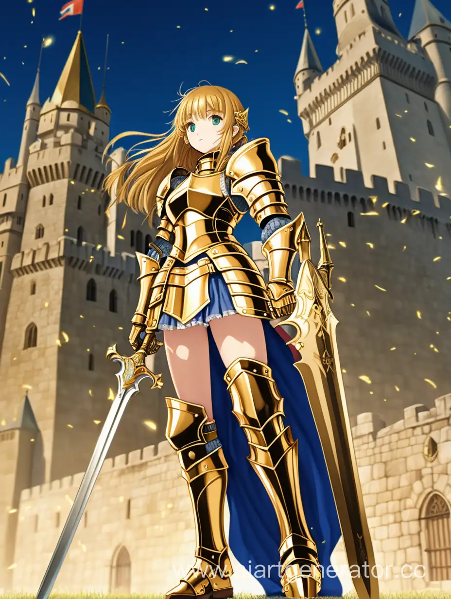 anime girl armor knight sword standing gold golden sheld royal castle background