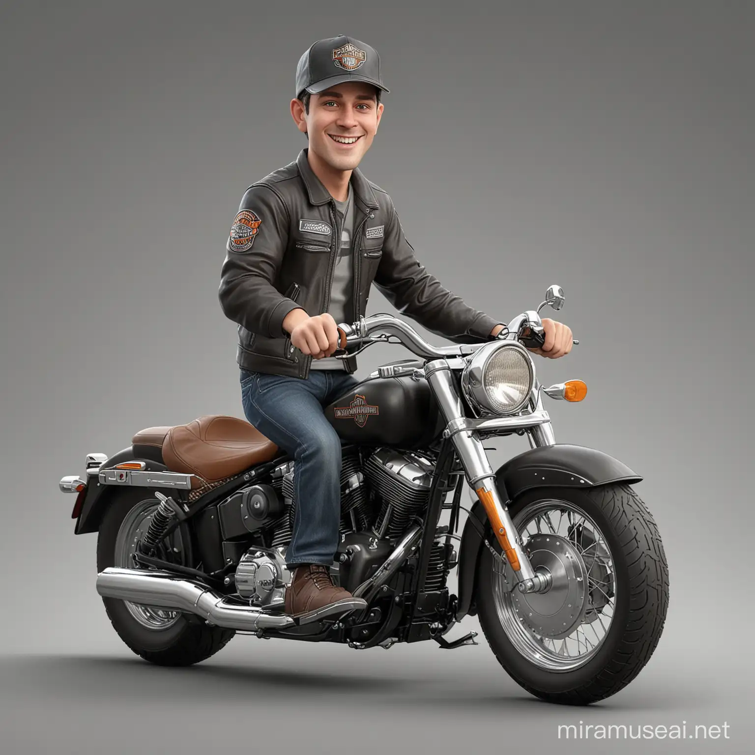 Photo realistic karikatur 3d cartoon, male 25 years old,wear hat,naik motor Harley Davidson, background abu-abu, 16k, high resolusi