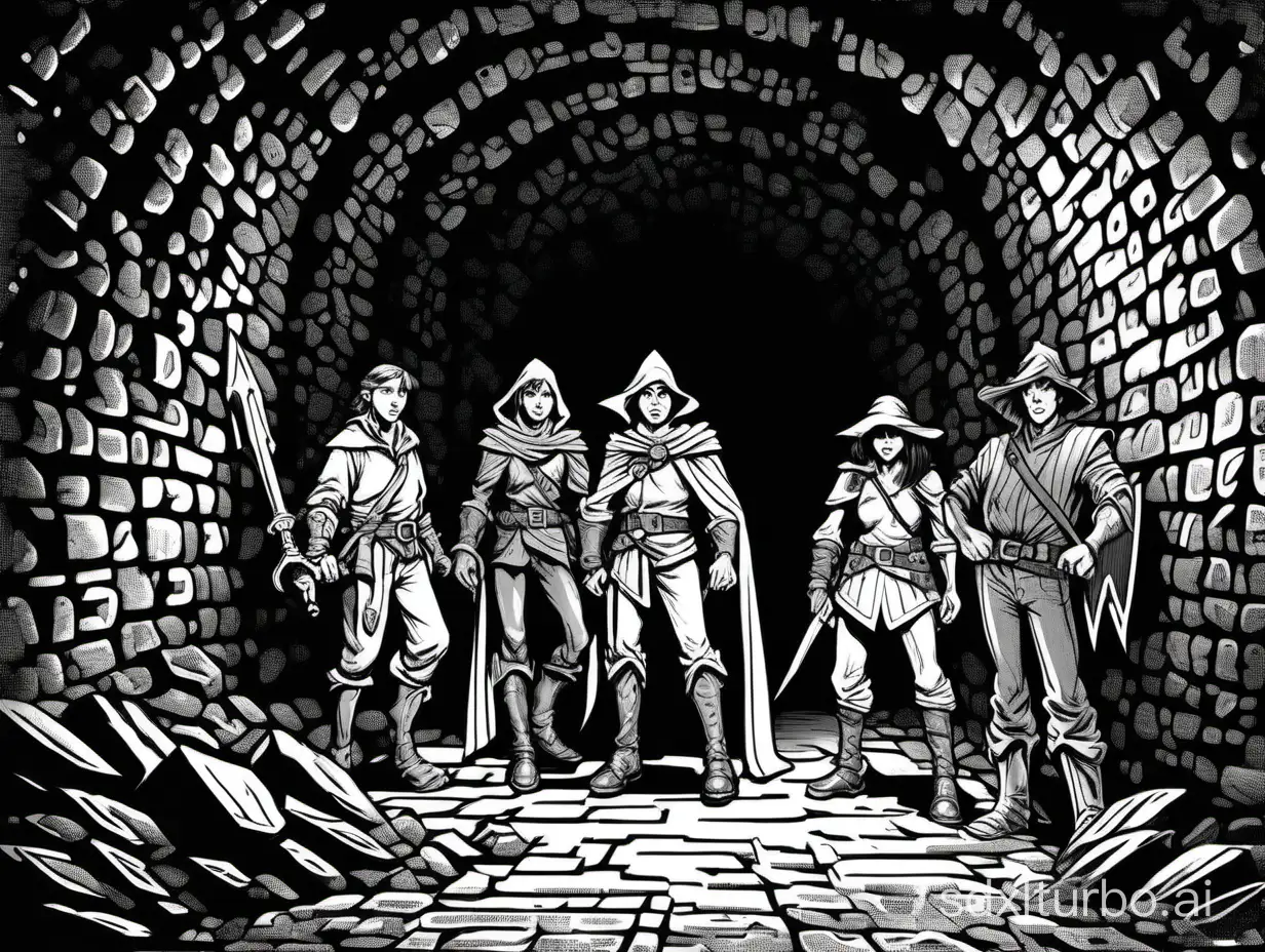 line art of adventurers, in a dark dungeon tunnel, 1bit bw, style of 1977 D&D, by Greg Bell,
