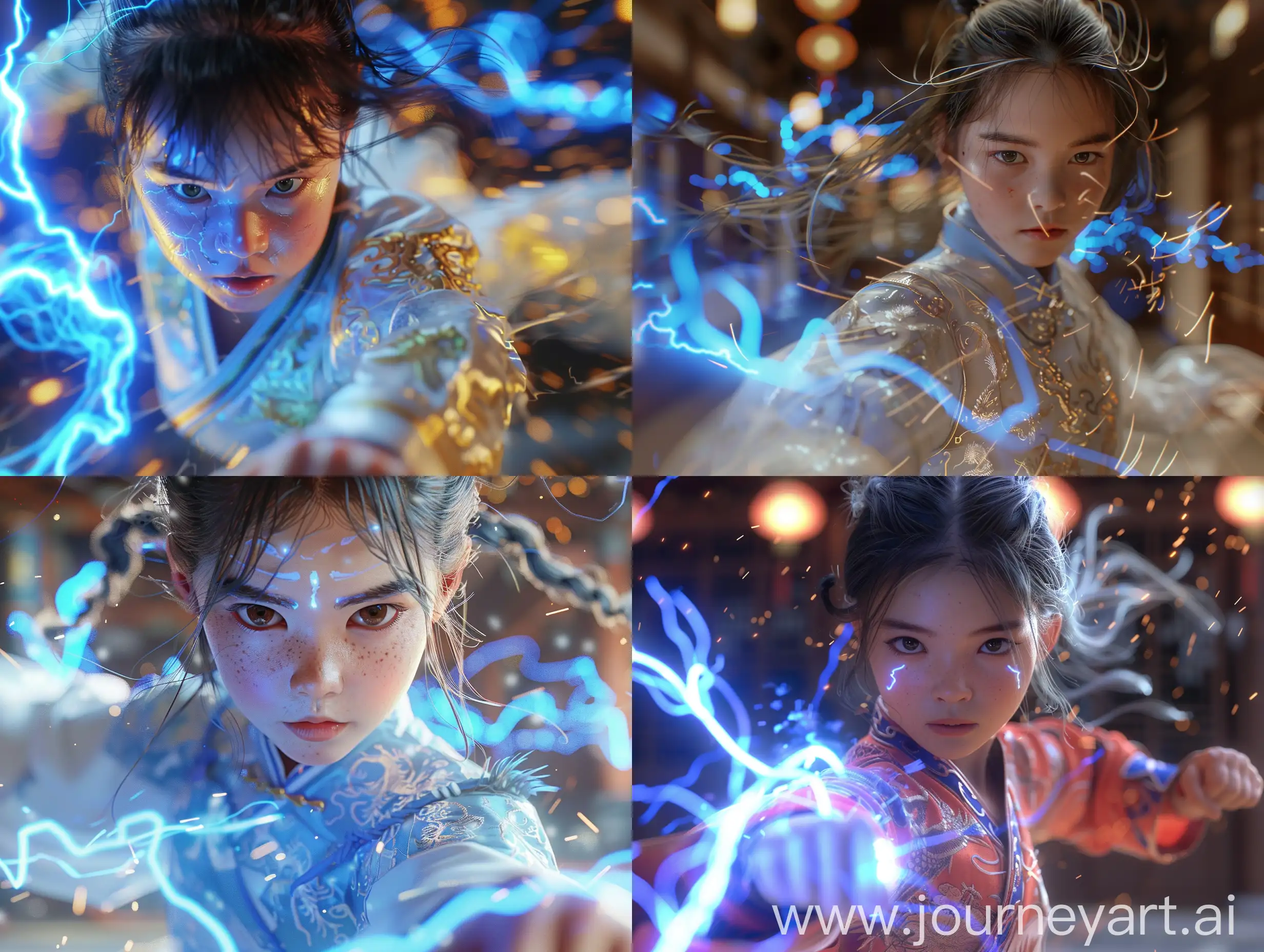 故事感，超逼真的中国武术12岁小女孩，运动模糊，蓝色闪电，中国风格，许多细节，发光效果，高细节，细节拍摄(Ecu)，虚幻引擎，Quixel Megascans渲染，正面半身，3D