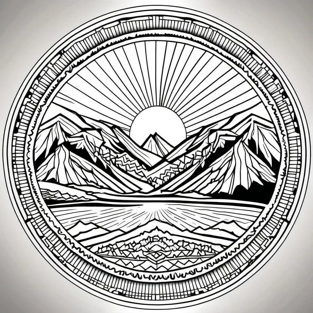 Sunrise over the Mountains Mandala: A mandala capturing the serene beauty of a sunrise over a mountain range for coloring book with crisp lines and white background
