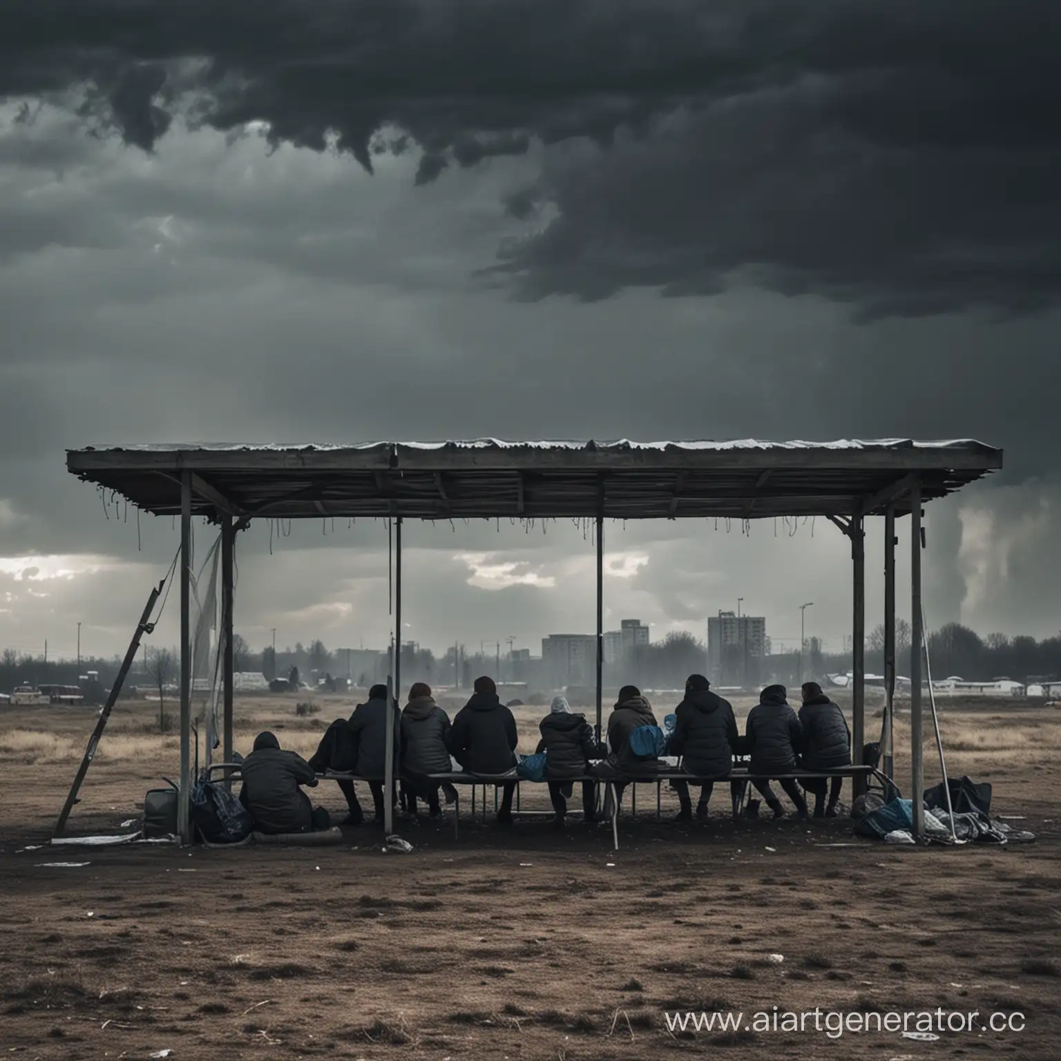 People are sitting in the shelter and the apocalypse is outside