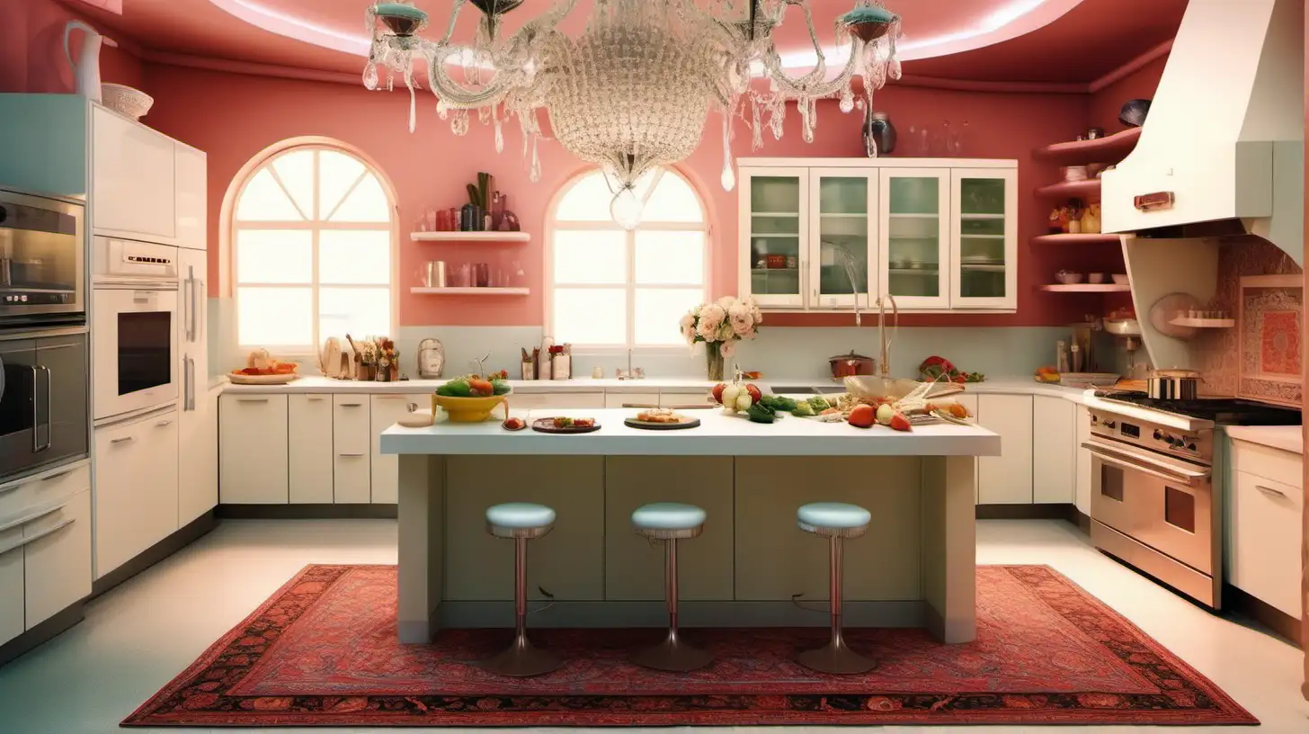 a television studio designed for a cooking show; A large Persian kitchen, with modern appliances and a Persian carpet. A beautiful chandelier is also hanging from the ceiling. Scarlett Johansson is standing in it in a cooking outfit. The dominant color is white and bright