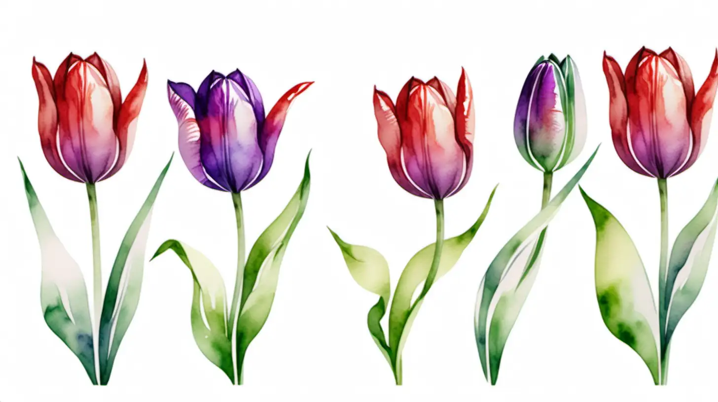 watercolor tulip flowers in ambient purple, red and green, transparent background, aspect ratio :15:7