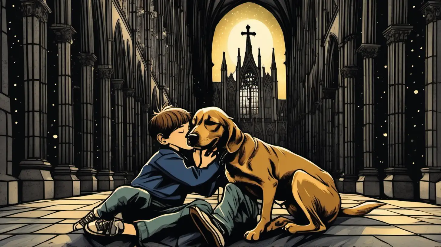 Boys and Dog Sleeping Happily in Cathedral Moonlight