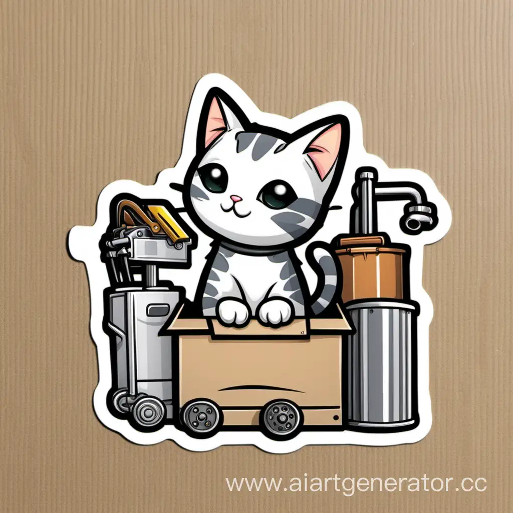 Стикер кота, работающего на заводе картона
