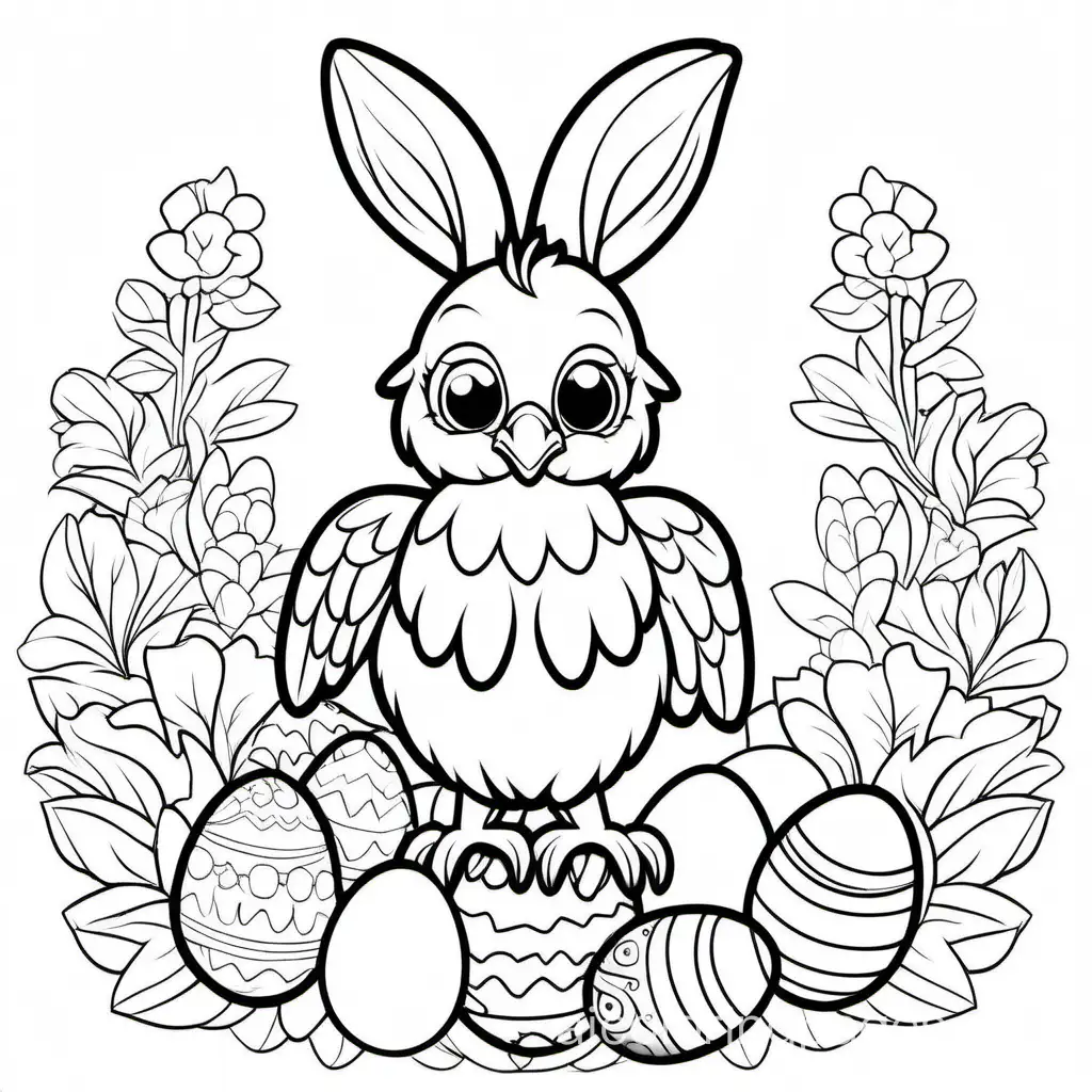 easter cute eagle bunny, Coloring Page, black and white, line art, white background, Simplicity, Ample White Space. The background of the coloring page is plain white to make it easy for young children to color within the lines. The outlines of all the subjects are easy to distinguish, making it simple for kids to color without too much difficulty
