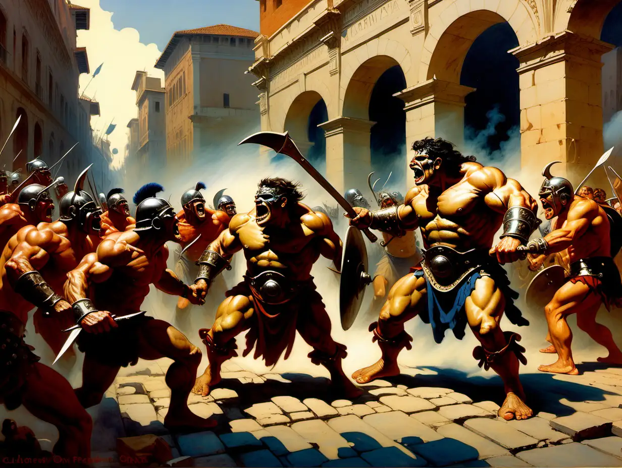 gladiators fighting ogres and  cyclopes in the streets of ancient Rome Frank Frazetta style