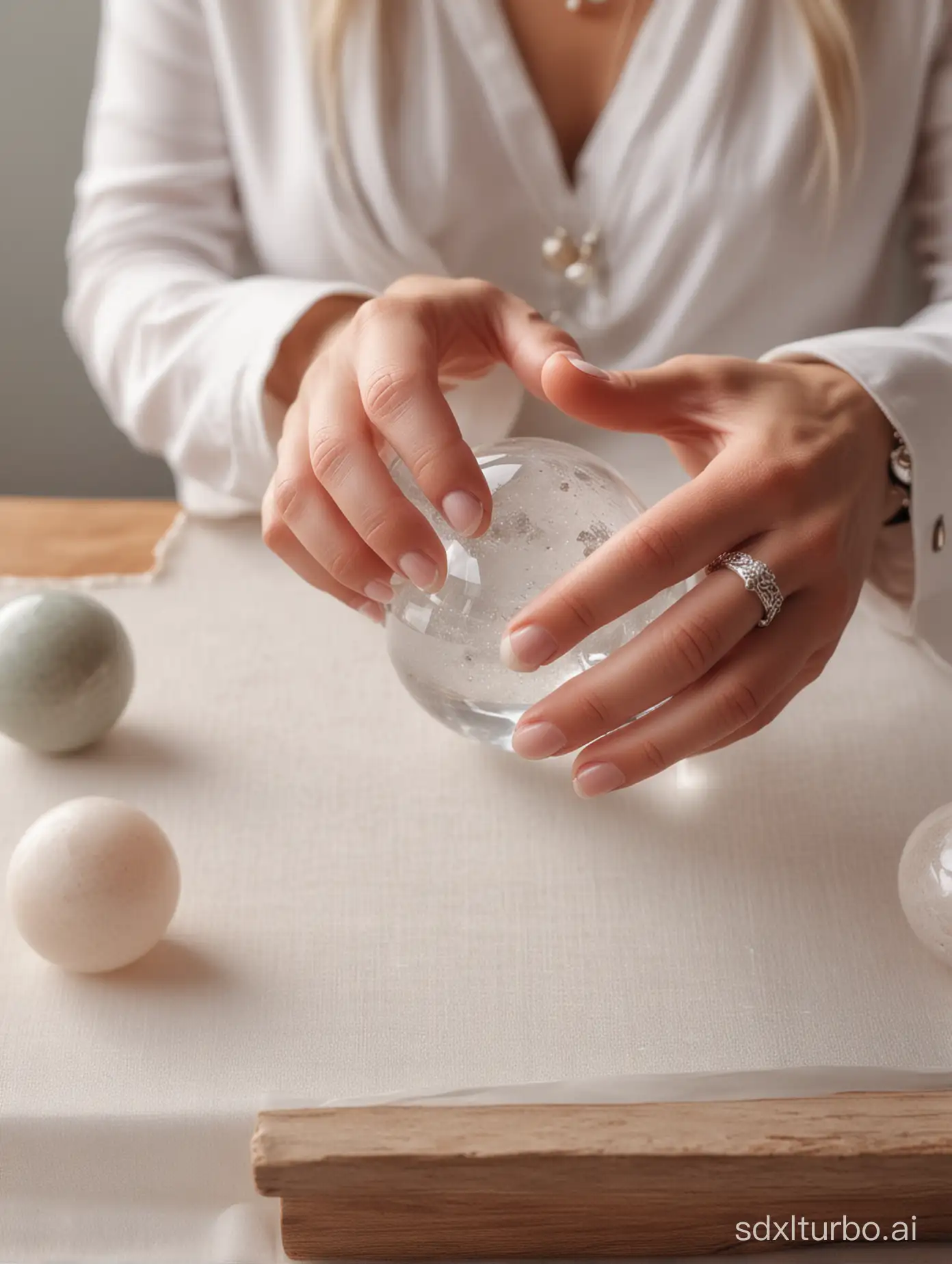 Close up of hands with silver rings holding a white quartz crystal ball on a table, in the photo for an Instagram post about meditation and healing in a New York City kundalini yoga studio, with pastel colors and soft light. The photo is in the style of meditation and healing.
