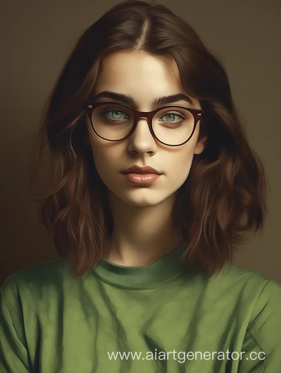 портрет девушки средне-русые волосы и в очках широкие брови и узкие губы зелено-карие глаза