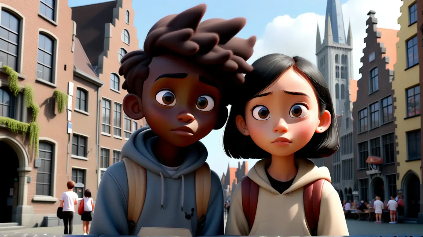 Belgian Black Boy and Taiwanese Cute Girl Explore Ghent in Whimsical Disney Pixar Style