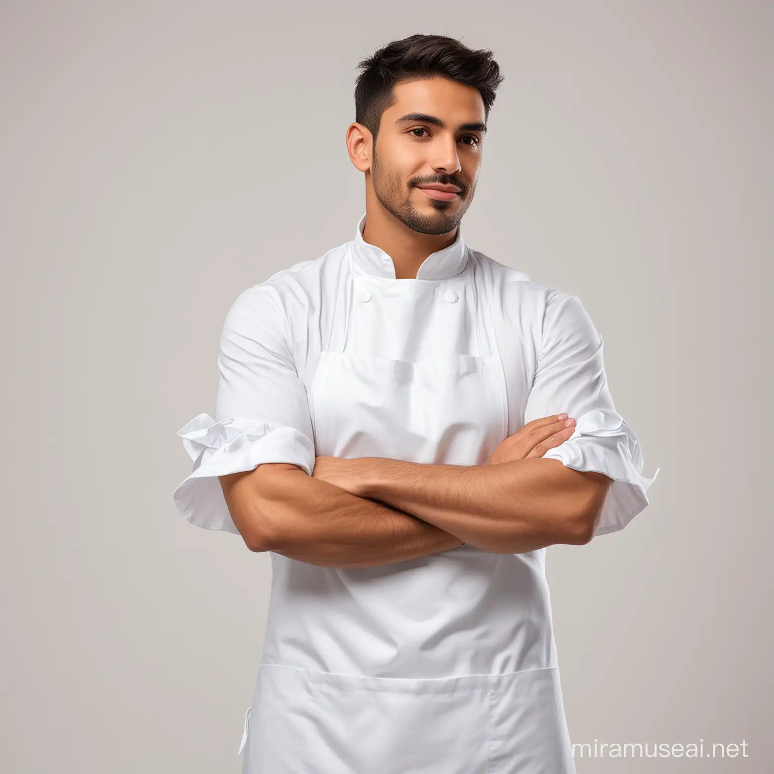 Latin Man Posing in White Apron on White Background