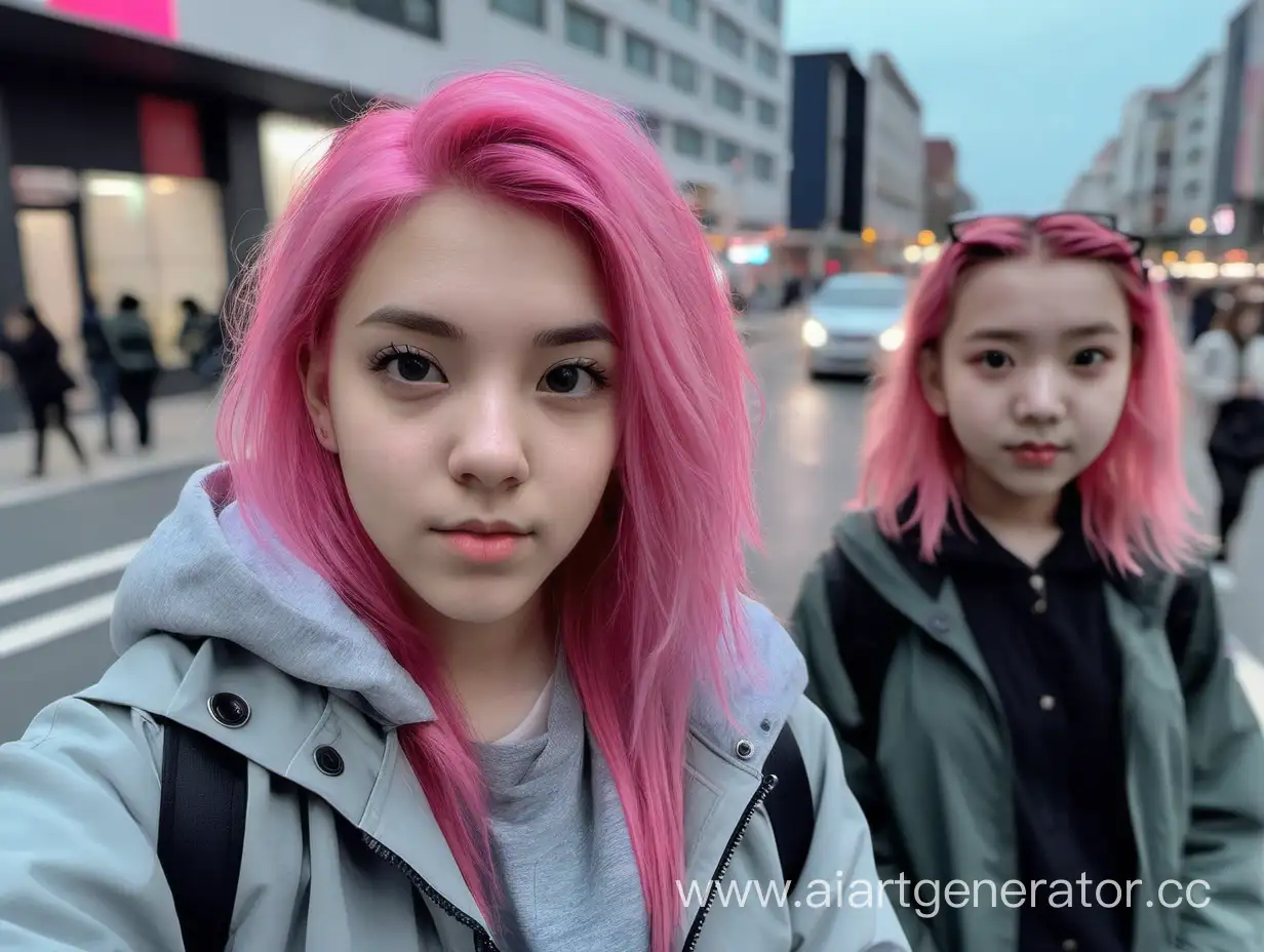  девушки с розовыми волосами в серой куртке, смотрящей в камеру, на оживлённой улице, вечером