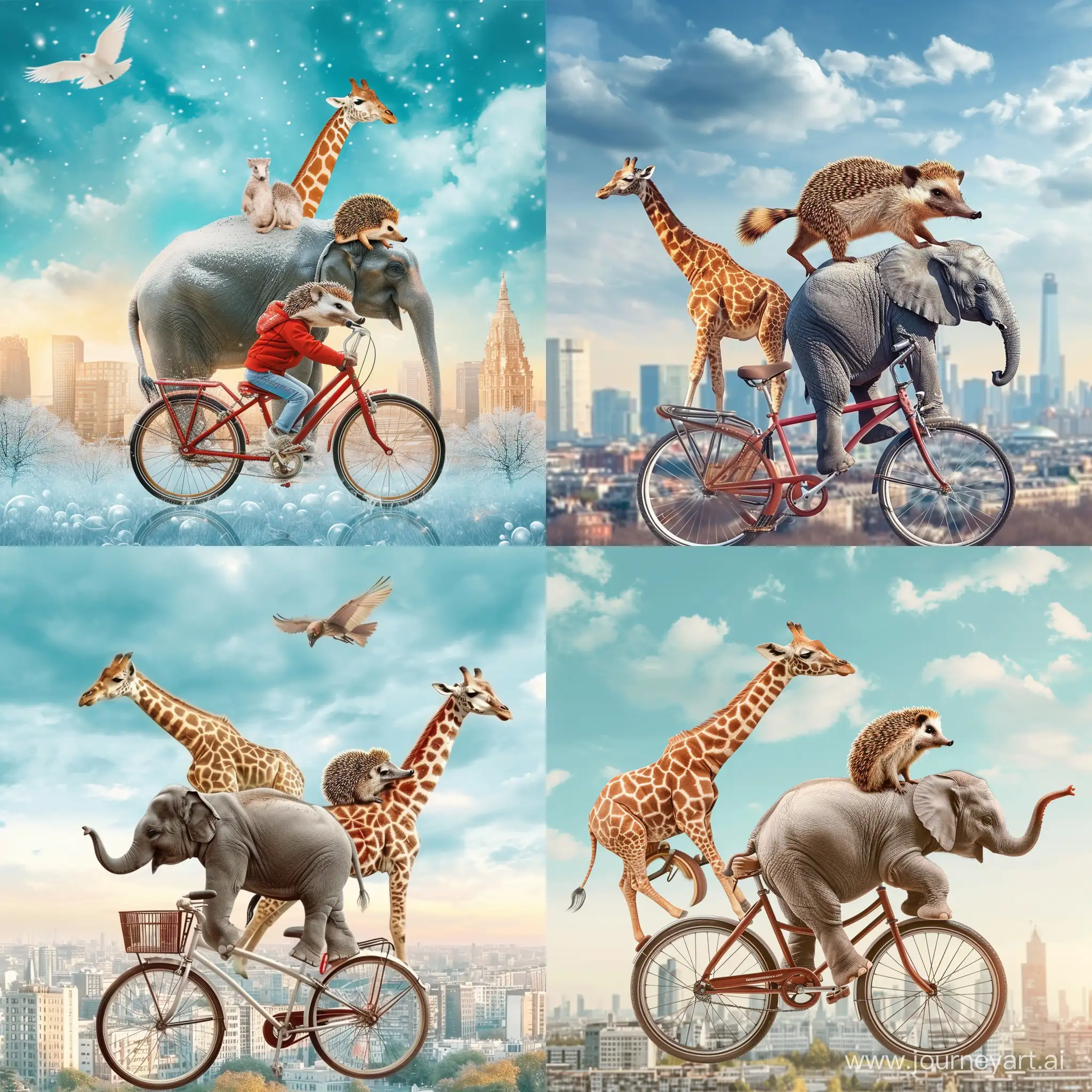 children's picture animals, elephant, giraffe, hedgehog on a bicycle against the background of the city and the sky for digital printing wallpaper, custom design wallpaper