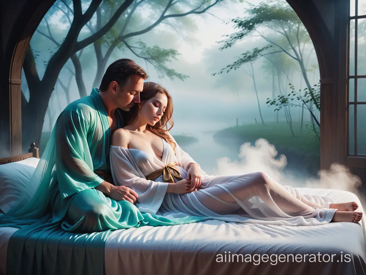 Sleeping young woman being safe and watched over by a 40 year old man in flowing robes. Mist and mystery. Magic, beauty, love. Fantasy world. Wide shot.