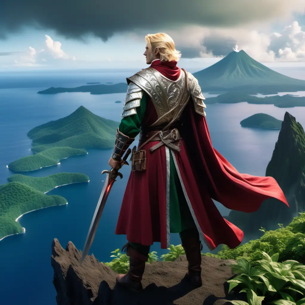A blonde man in illuminated silver, crimson, and forest green-accented fantasy garb faces away atop a peak toward a vista of verdant islands with mountainous volcanos in the midst of a great sea.  He has a scabbard attached to his back that angles toward his right shoulder.