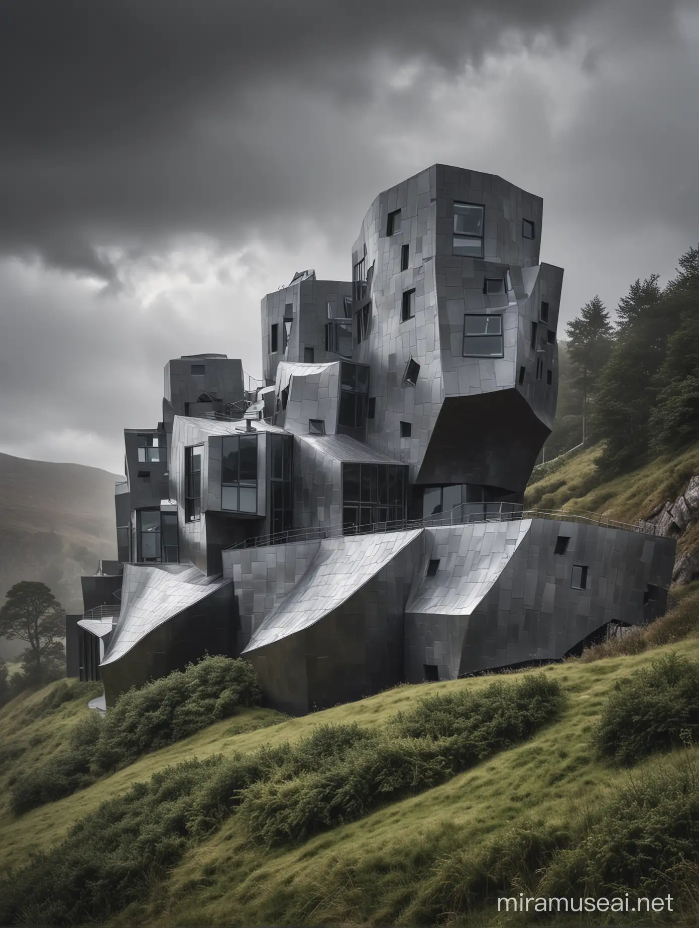    museum  style Frank Gehry ,  architectures , style  with  marble black,  architectures  at the hills of scotland with foggy and thunder ,  32k cinematic light reliastic photo