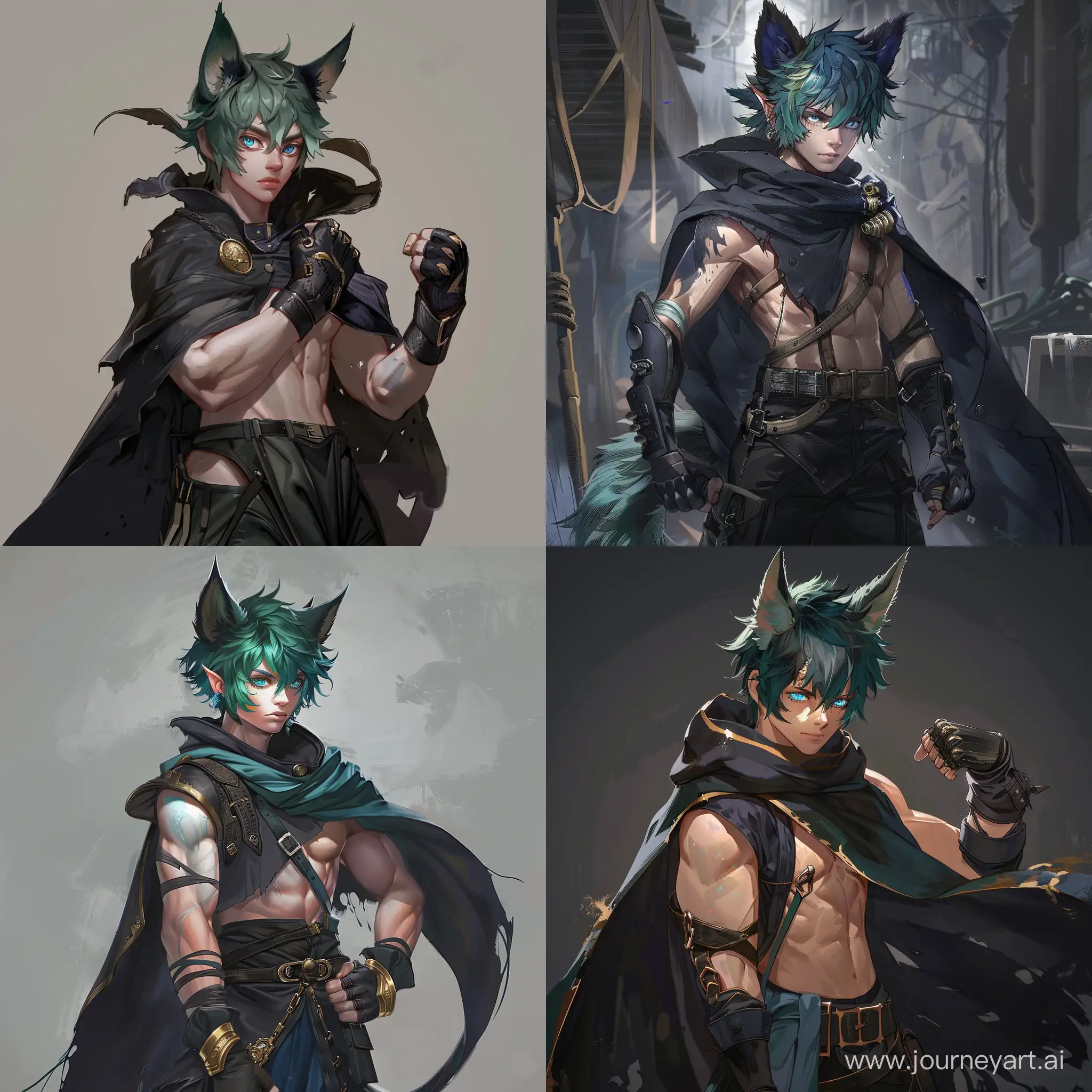 A pumped-up, handsome and pale young half-man with the ears and tail of a black wolf. Green hair, bright blue blue eyes and beautiful fighting clothes. He uses combat gloves as a weapon. He wears a black cloak on top to hide his military clothes.