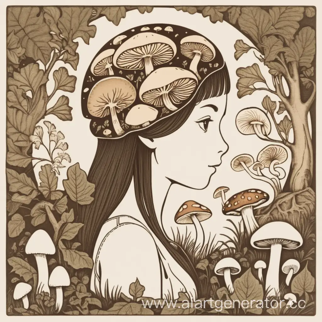 Logo, a girl with a mushroom in profile, around tree leaves and various mushrooms, there are the letters “A” and “K”