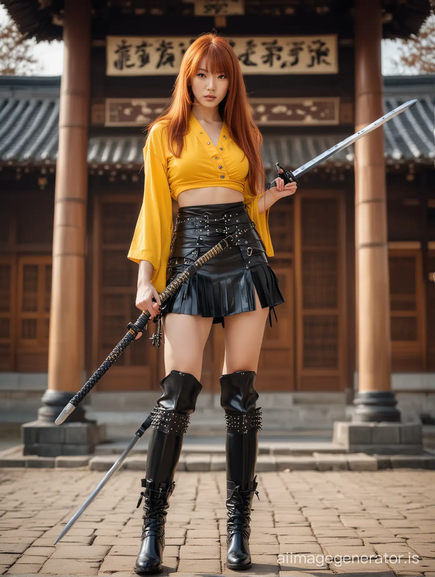 Kill Bill style. sexy woman with samurai sword. very long red hair Japanese hairstyle. yellow blouse. black miniskirt. high black boots. full body leather armor with spikes. Japanese temple background