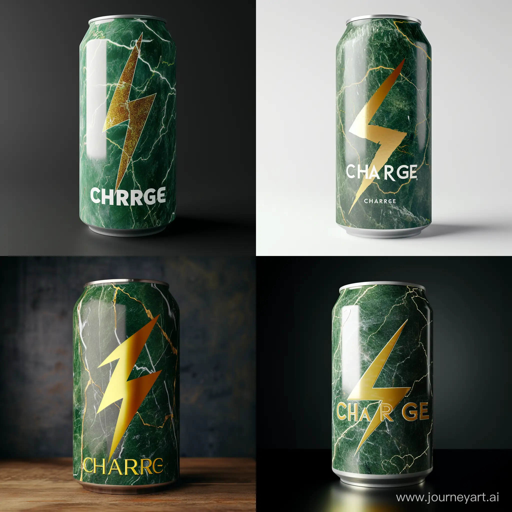make an energidrink with the name
C H A R G E and a big golden lightning bolt as logo, on a green marmor can