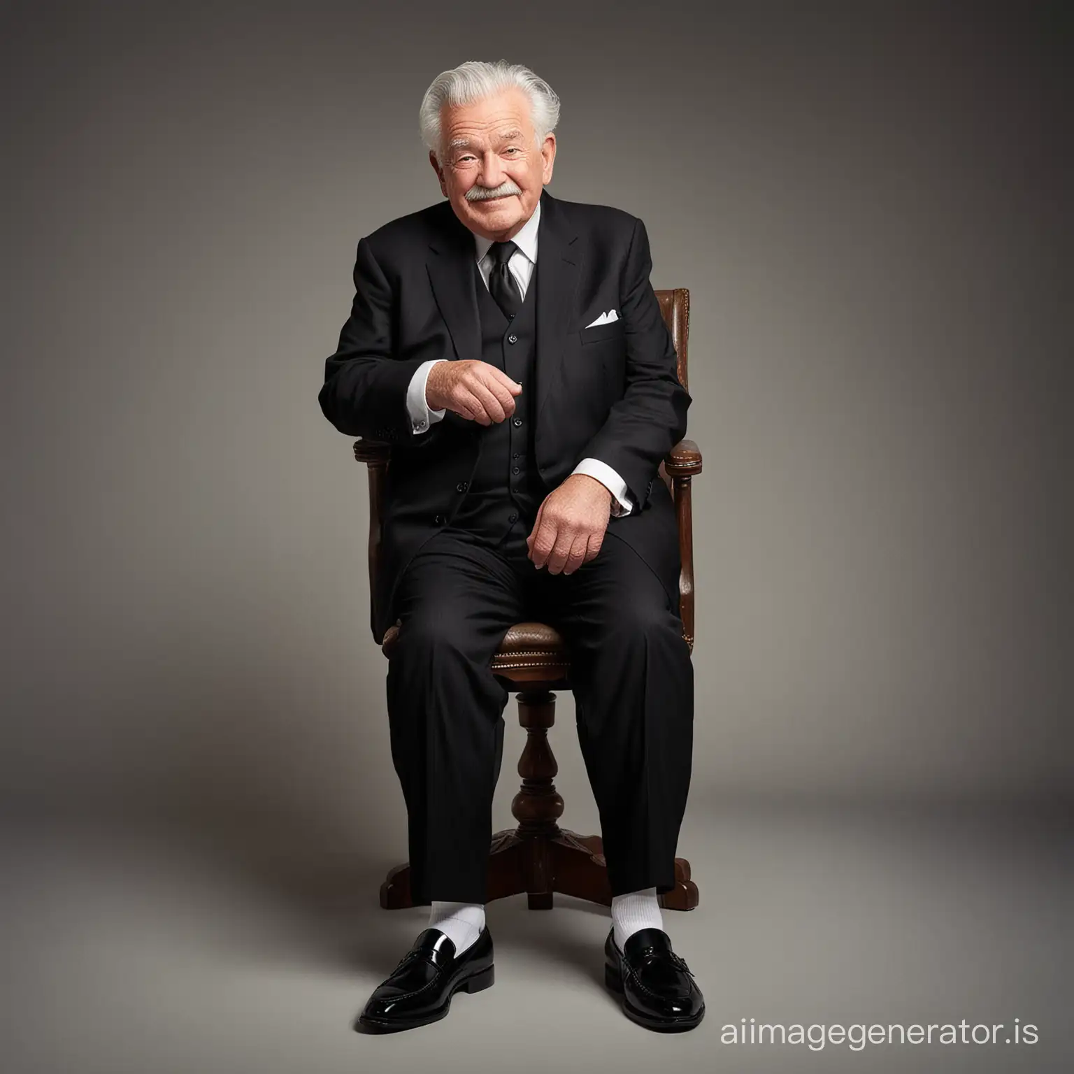 10 American fat old man 80 years old, shot height, wearing black suit, white shirt, white socks, black loafers, grey hair, sit on a chair, full body shot, full body shot, fantasy light cream solid background, dramatic lighting