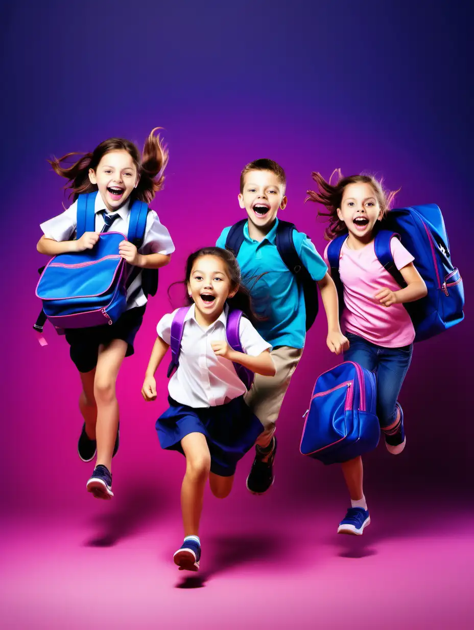 Energetic Children Playing Amidst Colorful School Bags on Gradient Background