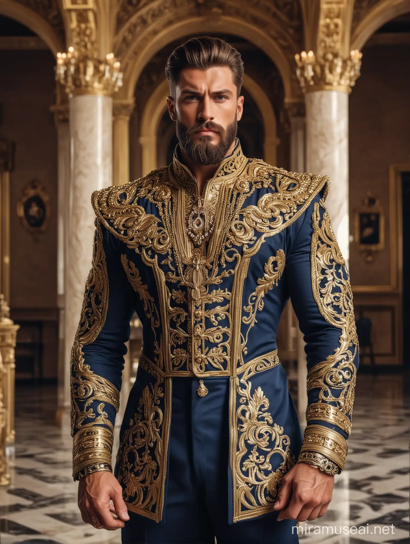 Tall and handsome big bodybuilder king with beautiful hairstyle and beard with attractive eyes and Broad shoulder and chest in designer navy and golden cavalry suit with necklace and standing  inside his palace 