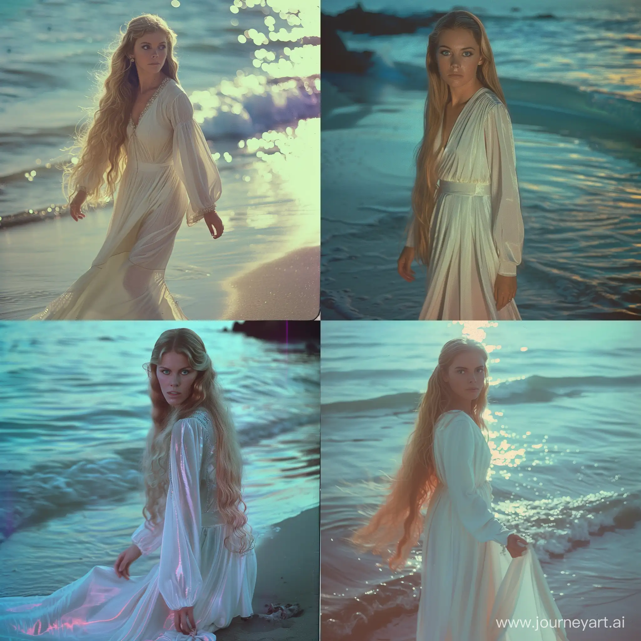 a woman with long blonde hair blue eyes thick eyebrow wearing a long white dress at the water's edge of the beach "screenshot from excalibur 1981" blured glow color grading
