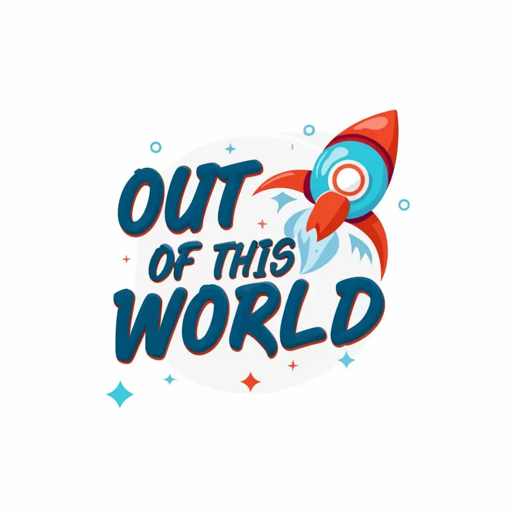 a logo design,with the text "Out 
of 
this 
World", main symbol:blue rocket ship shooting upward
white baclground
futuristic font,complex,be used in Events industry,clear background