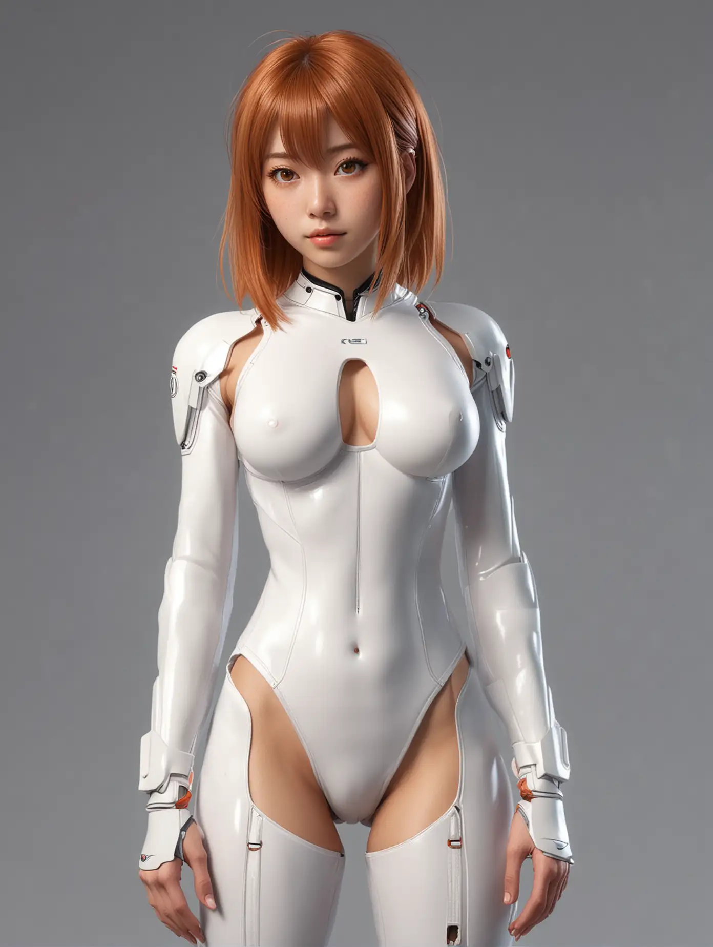 Fullbody japanese girl with caramel-colored medium length hair, huge amber eyes, freckles, wearing Rei Ayanami suit. Hyperrealistic fullbody. showing her ass on a studio