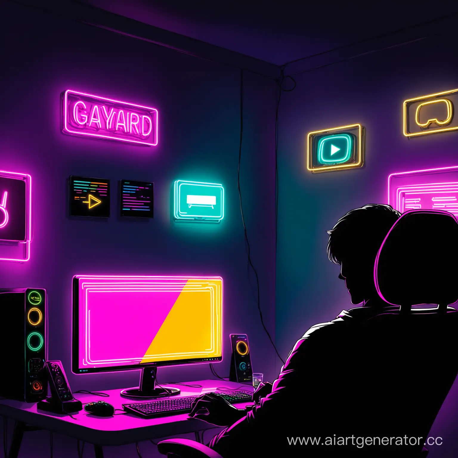 Silhouette-of-Man-Gaming-in-Neonlit-Studio-with-YouTube-Buttons