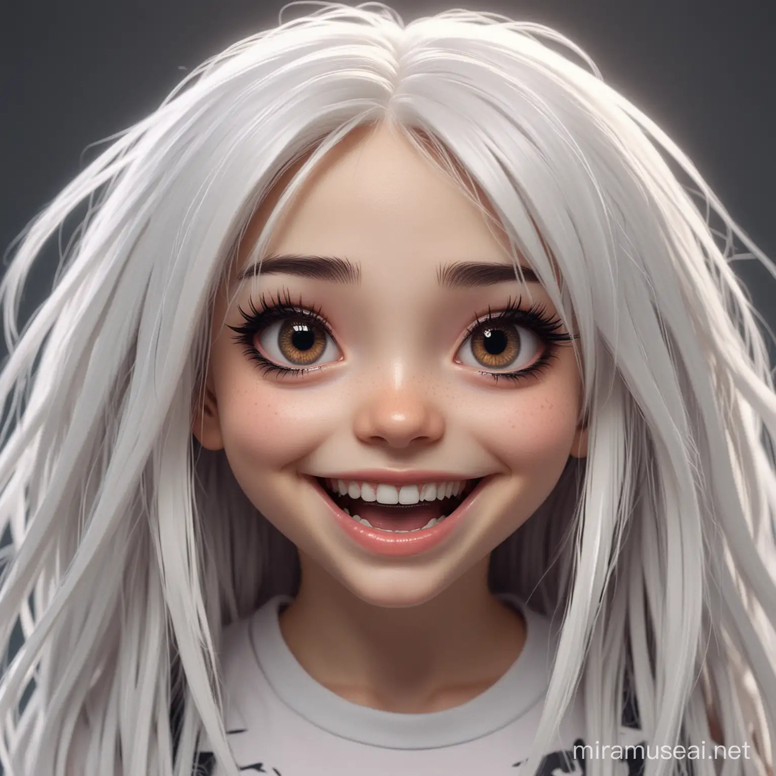 Cute and insane little girl character with long white hair, vibrant psychotic black eyes and a crazy smile filled with razor sharp teeth. 