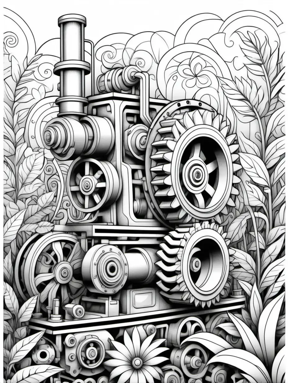 industrial machinery, black and white, children's coloring book, doodle floral art background, black and white, no shading, thick black lines, clean edges, full page, color by number