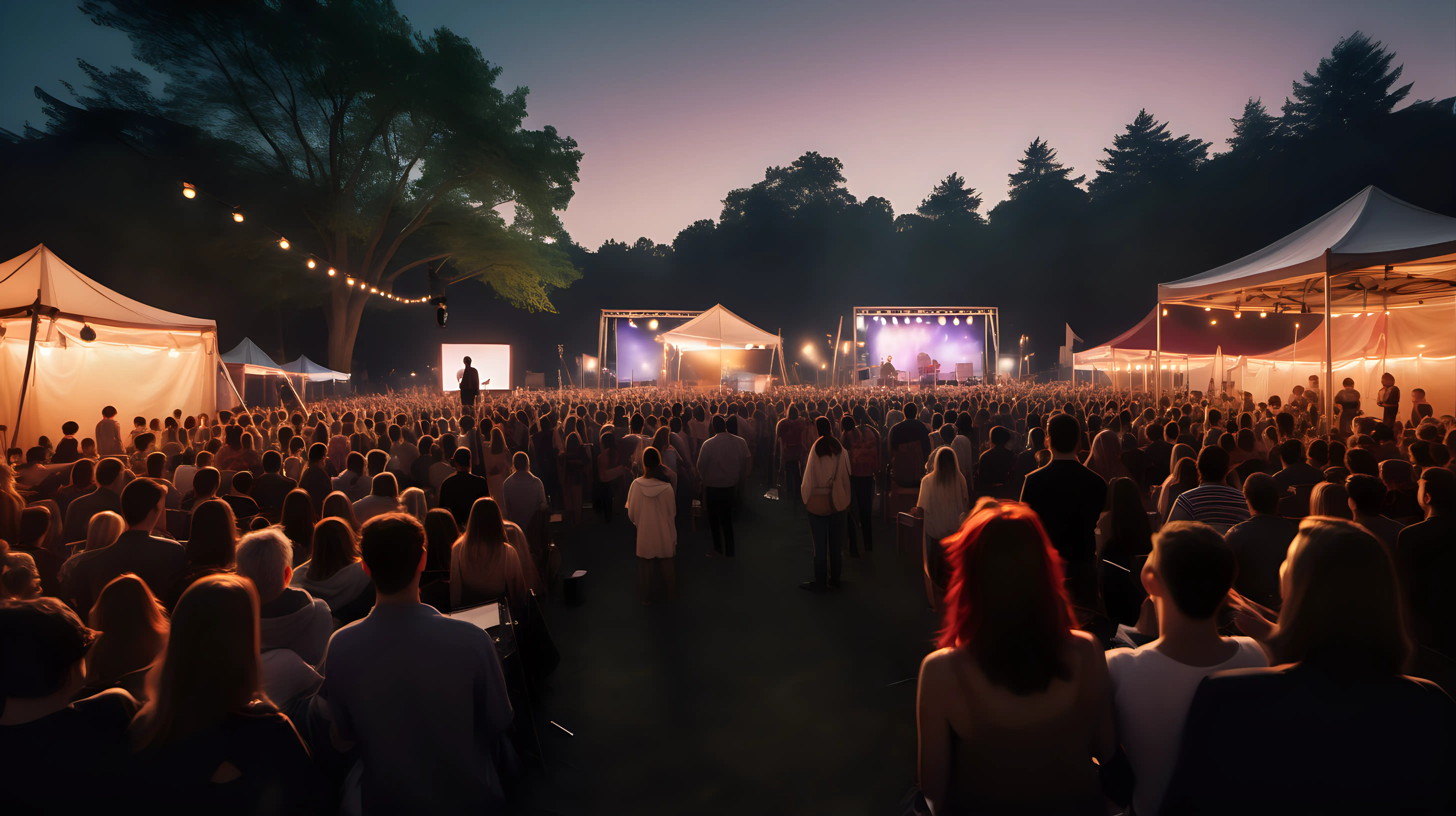 /imagine prompt: A photo-real image capturing a cozy open-air festival scene at twilight. A small crowd is attentively watching a singer on stage, lit by ambient stage lights. A few attendees in the front row hold blank signs on sticks, enhancing the intimate vibe. Created Using: high-resolution photography, twilight ambiance, cozy festival, attentive crowd, ambient stage lighting, intimate vibe, blank signs on sticks --ar 16:9 --v 6.0