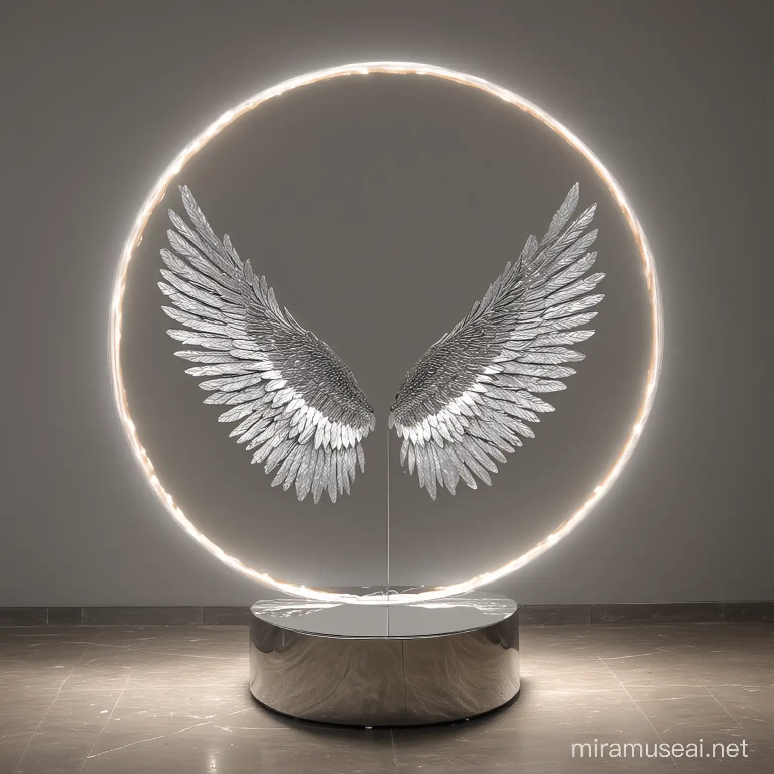 Metallic circle 3m diameter with led lighting on a mirror base modern design wings sculpture inside