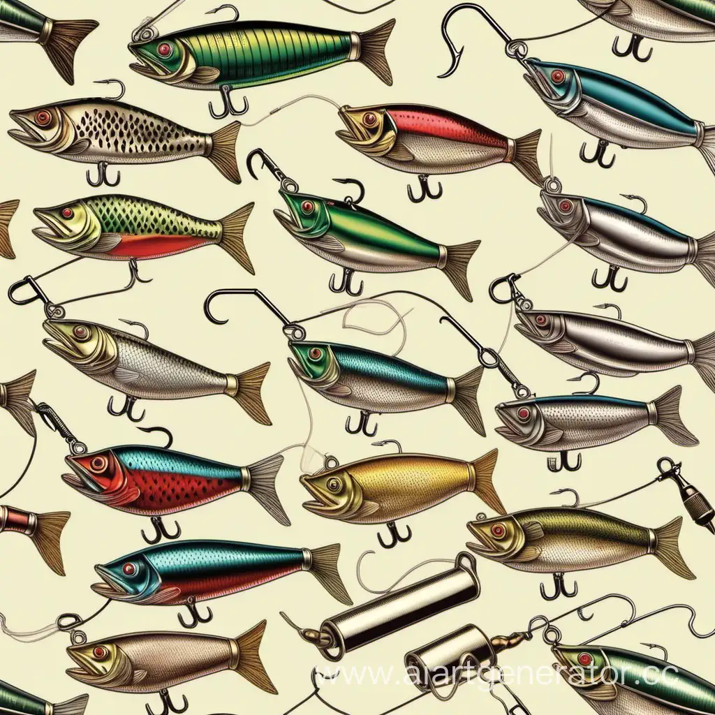 Fishing lures lake, hook, set seamless pattern, vintage classic drawing colors